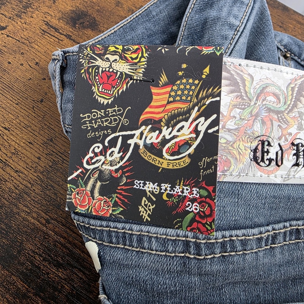 NWT Ed Hardy Slim Fit Flare‎ Jeans "New York" Dragon Embroidered Sz 26x32 Womens - Picture 6 of 10